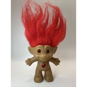 Vintage Ace Novelty Treasure Troll Doll Red Heart Gem Belly Red Hair 3 Inch